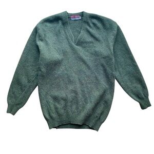 Super Angora Wool Sweater 42 Vintage Olive Green V Neck Long Sleeve Soft Knit